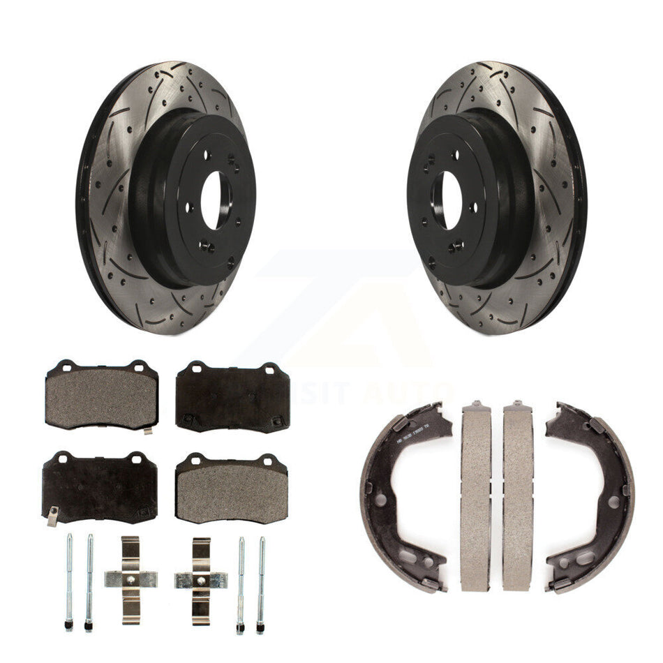 Rear Disc Drilled & Slotted Rotors Semi-Metallic Pads And Parking Brake Shoes Kit For KDF-101562