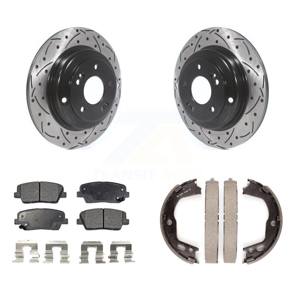 Rear Disc Drilled & Slotted Rotors Semi-Metallic Pads And Parking Brake Shoes Kit For KDF-101563