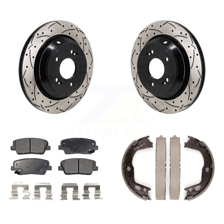 Rear Disc Drilled & Slotted Rotors Semi-Metallic Pads Parking Shoes Kit For Hyundai Equus KDF-101564