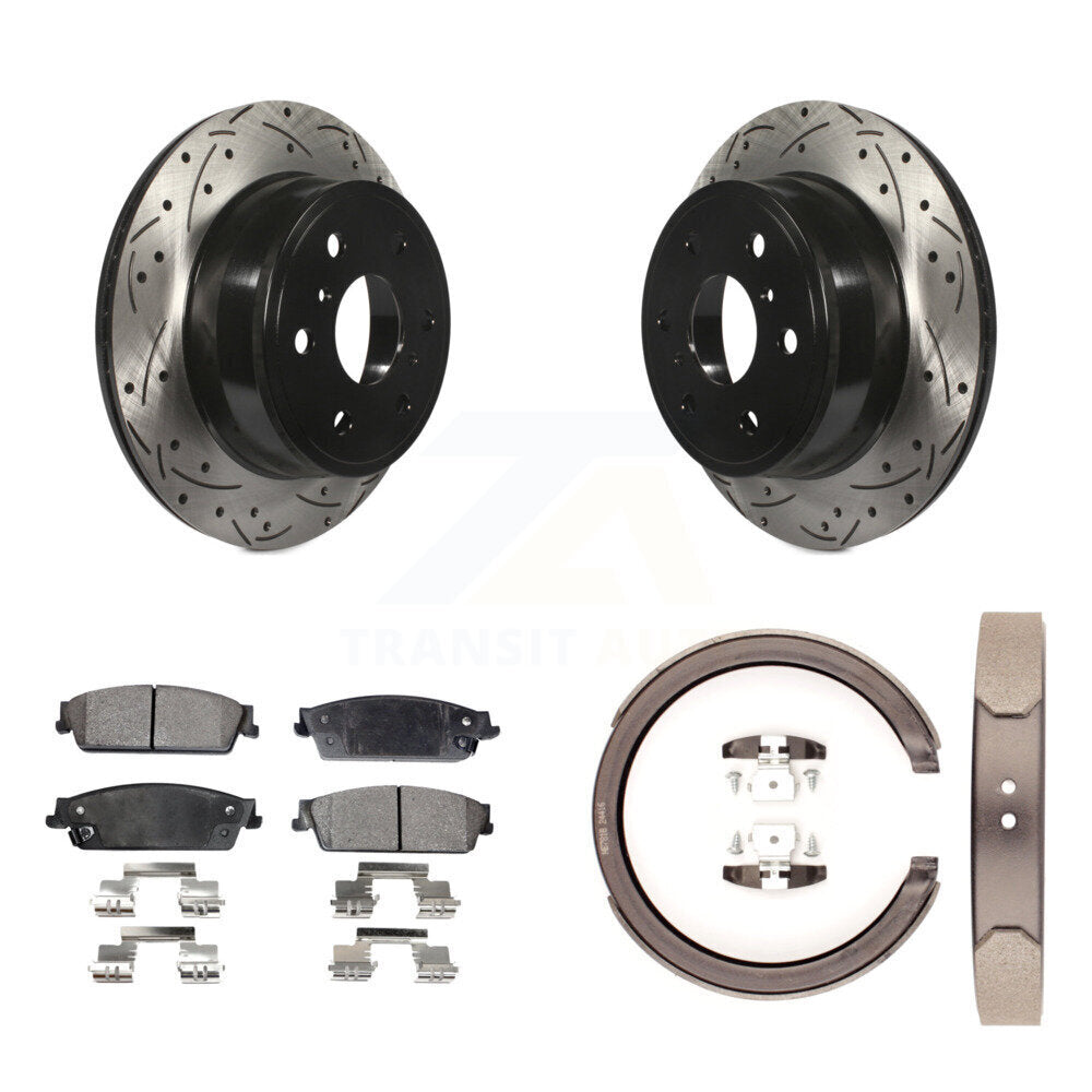 Rear Disc Drilled & Slotted Rotors Semi-Metallic Pads Parking Shoes Kit For Chevrolet GMC KDF-101566