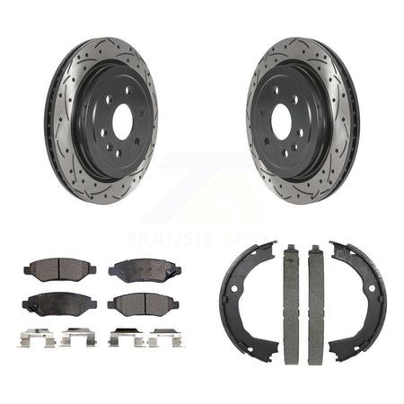 Rear Disc Drilled & Slotted Rotors Semi-Metallic Pads Parking Shoes Kit For Cadillac SRX KDF-101569