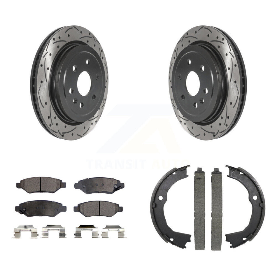 Rear Disc Drilled & Slotted Rotors Semi-Metallic Pads Parking Shoes Kit For Cadillac SRX KDF-101569