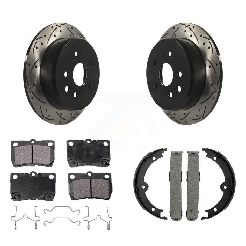 Rear Disc Drilled & Slotted Rotors Semi-Metallic Pads Parking Shoes Kit For Lexus IS250 KDF-101572