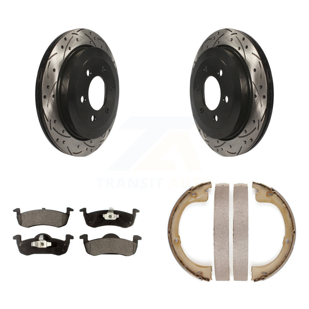 Rear Disc Drilled & Slotted Rotors Semi-Metallic Pads Parking Shoes Kit For Ford Lincoln KDF-101573