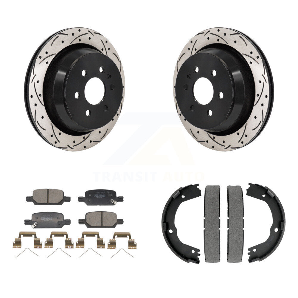 Rear Disc Drilled & Slotted Rotors Semi-Metallic Pads Parking Shoes Kit For Chevrolet GMC KDF-101574