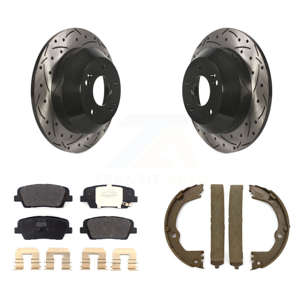 Rear Disc Drilled & Slotted Rotors Semi-Metallic Pads Parking Shoes Kit For Hyundai Santa KDF-101575