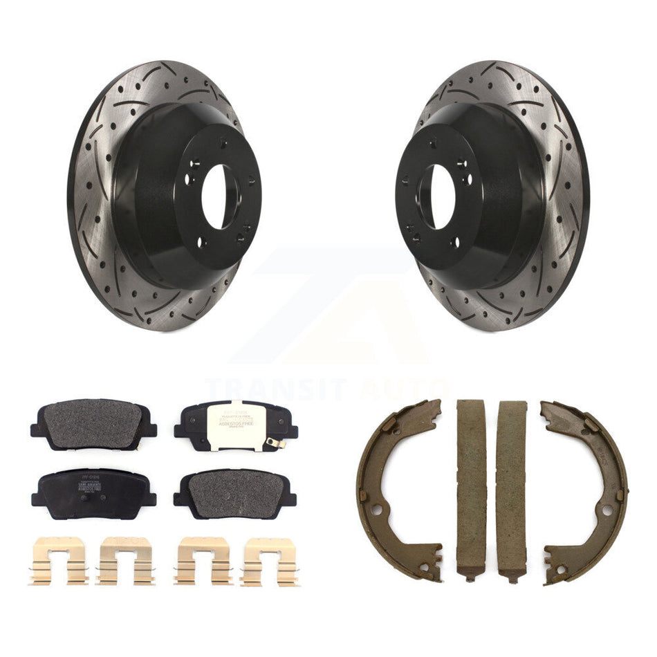 Rear Disc Drilled & Slotted Rotors Semi-Metallic Pads Parking Shoes Kit For Hyundai Santa KDF-101575