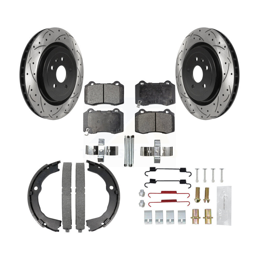 Rear Drilled Slot Rotor Semi-Metallic Pad Parking Shoes Kit For Chevrolet Camaro Cadillac KDF-101582
