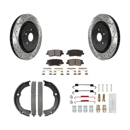 Rear Coated Drilled Slot Disc Rotors Semi-Metallic Pad Parking Shoes Kit For Cadillac CTS KDF-101584