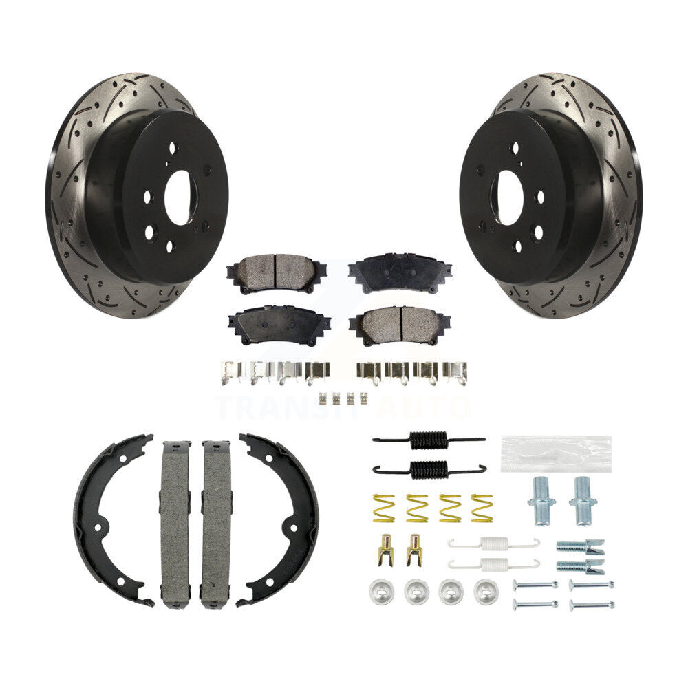 Rear Coated Drilled Slot Disc Rotor Semi-Metallic Pad & Parking Shoes Kit For Lexus IS250 KDF-101591