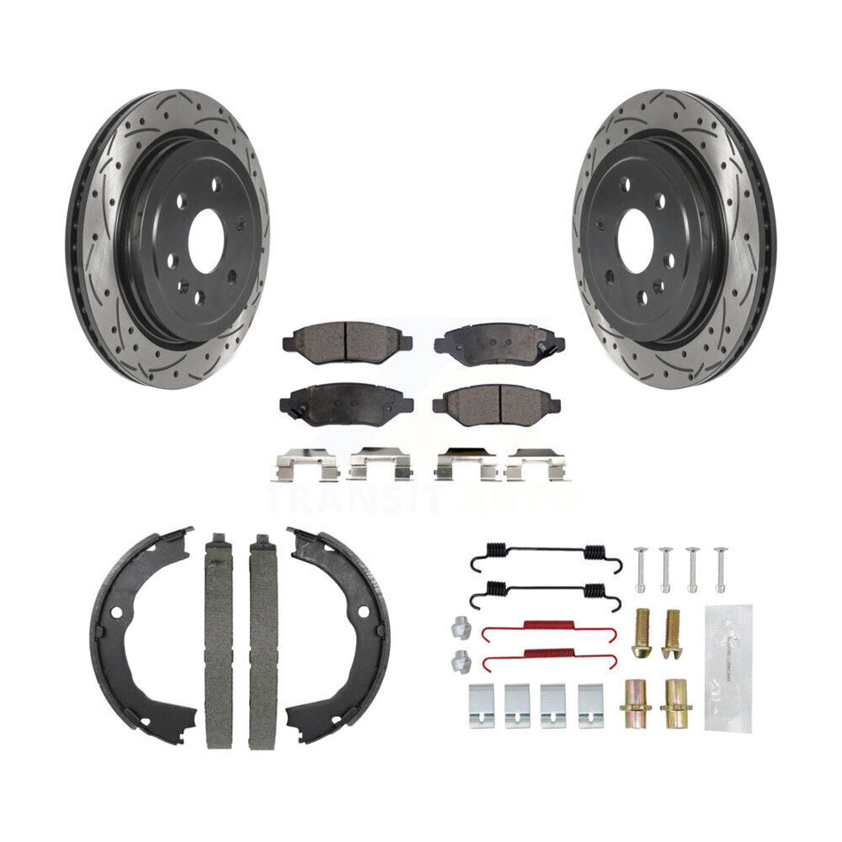 Rear Drill Slot Disc Rotor Semi-Metallic Pad Parking Shoes Kit For 2010-2016 Cadillac SRX KDF-101592