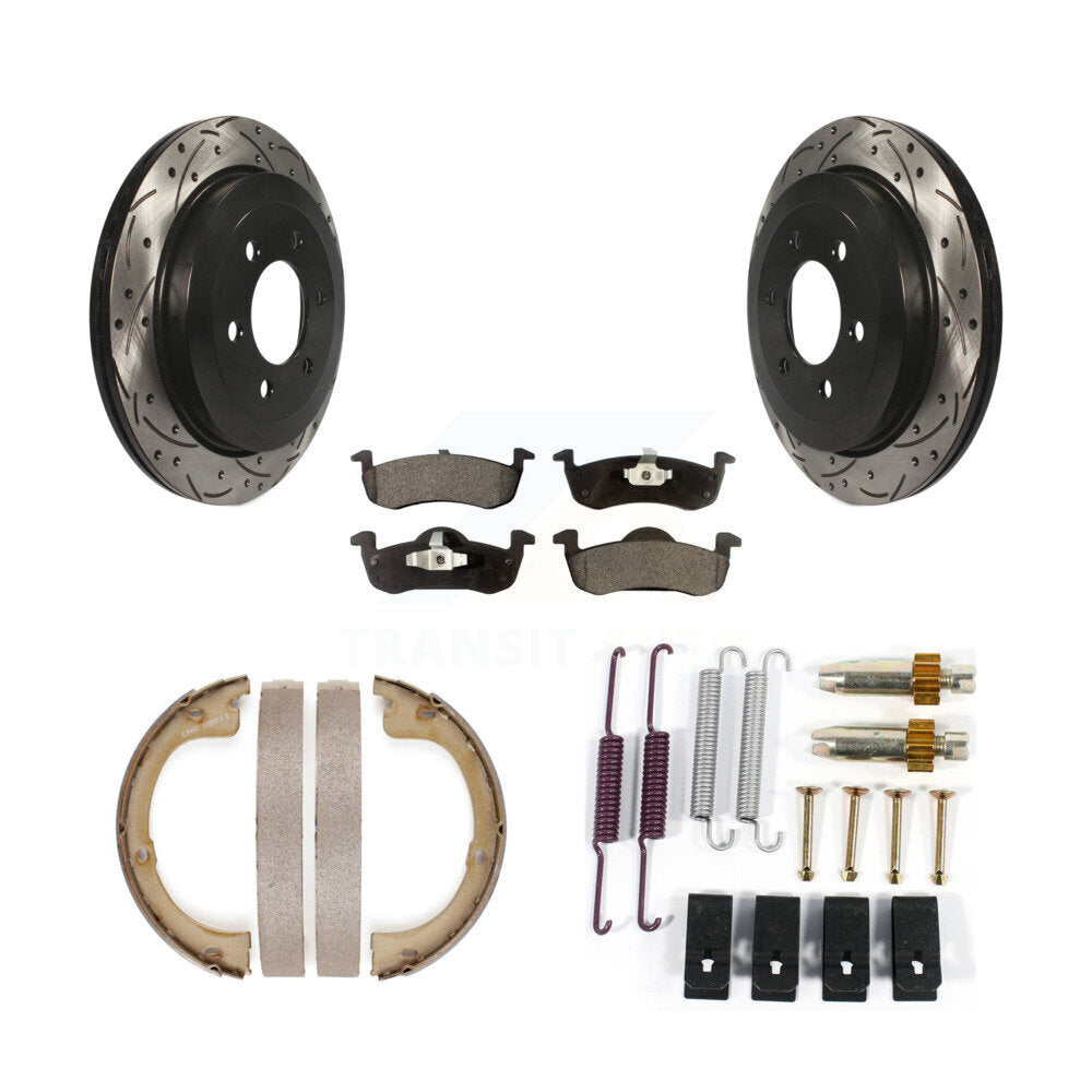 Rear Drilled Slot Rotor Semi-Metallic Pad & Parking Shoes Kit For Ford Expedition Lincoln KDF-101601