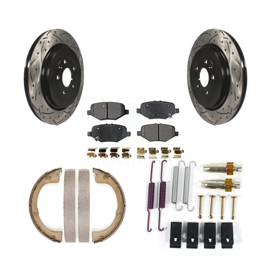 Rear Coated Drilled Slot Disc Rotor Semi-Metallic Pad & Parking Shoes Kit For Lincoln MKT KDF-101603