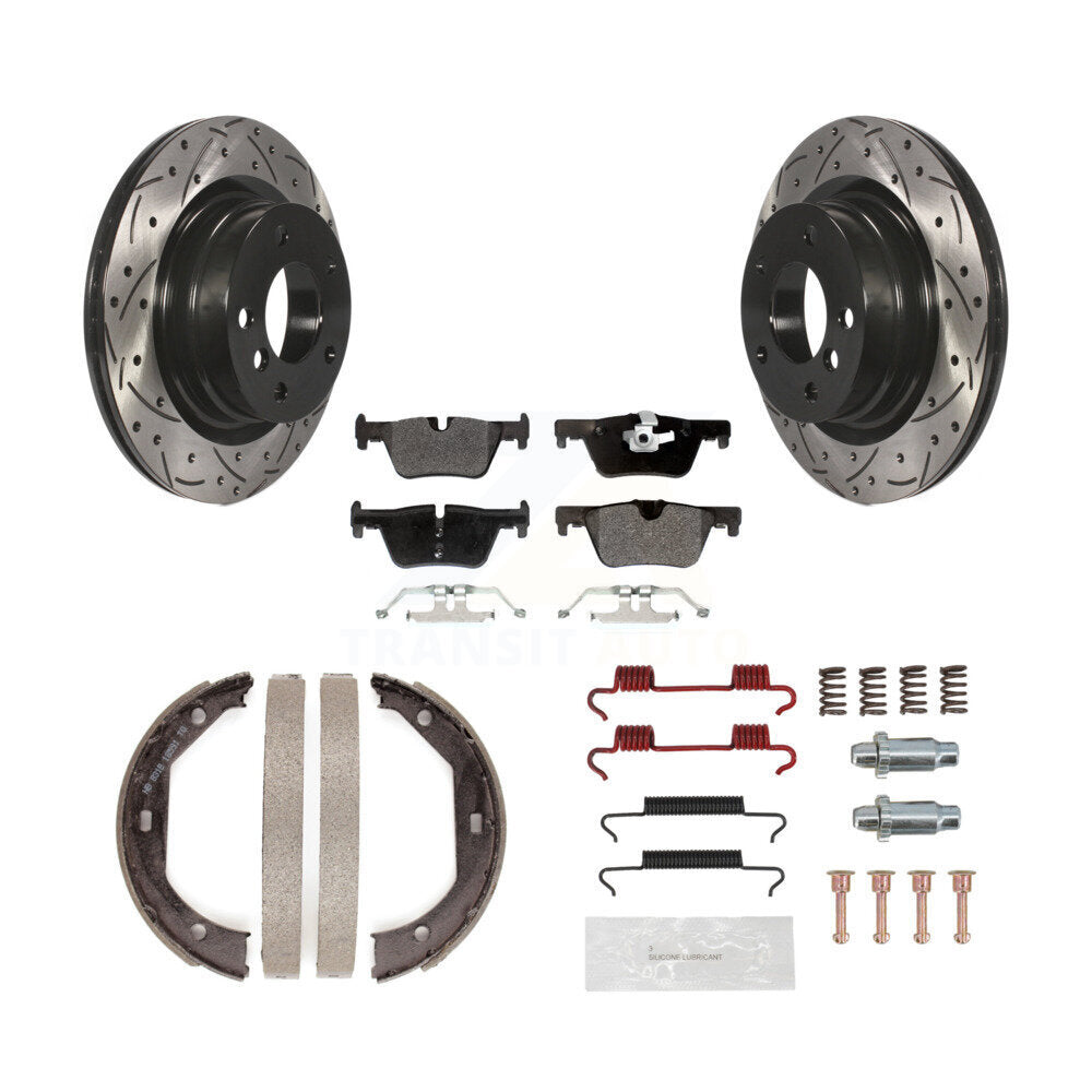 Rear Coated Drill Slot Disc Rotors Semi-Metallic Pad Parking Brake Shoes Kit For BMW 328i KDF-101606