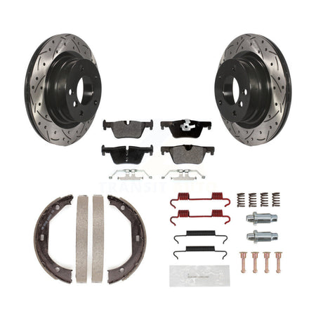 Rear Coated Drill Slot Disc Rotors Semi-Metallic Pad Parking Brake Shoes Kit For BMW 328i KDF-101606
