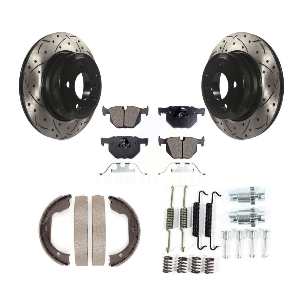 Rear Coated Drill Slot Disc Rotor Semi-Metallic Pad Parking Brake Shoes Kit For BMW X5 X6 KDF-101619