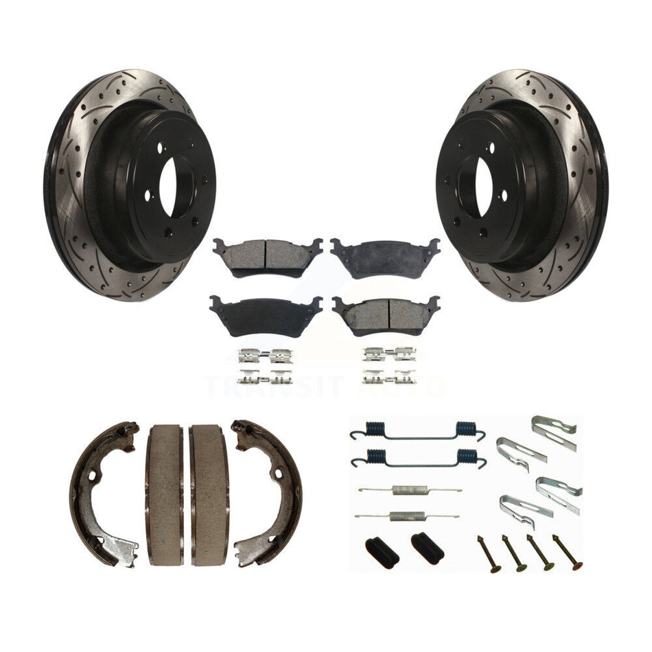 Rear Coated Drilled Slotted Disc Rotor Semi-Metallic Pad Parking Shoes Kit For Ford F-150 KDF-101623