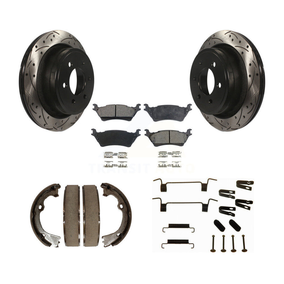 Rear Coated Drilled Slotted Disc Rotor Semi-Metallic Pad Parking Shoes Kit For Ford F-150 KDF-101624