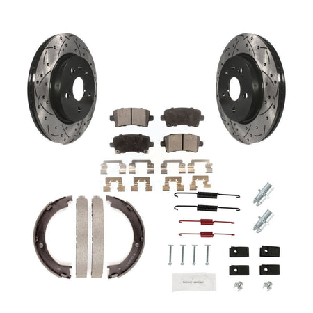 Rear Coated Drilled Slot Disc Rotors Semi-Metallic Pad Parking Shoes Kit For Cadillac XTS KDF-101631