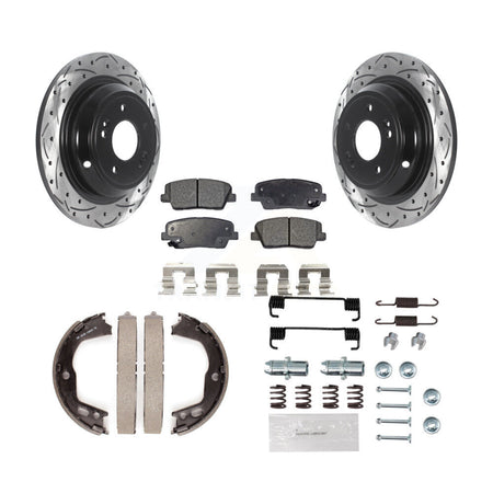 Rear Coated Drill Slot Disc Rotor Semi-Metallic Pad Parking Shoes Kit For Hyundai Genesis KDF-101640