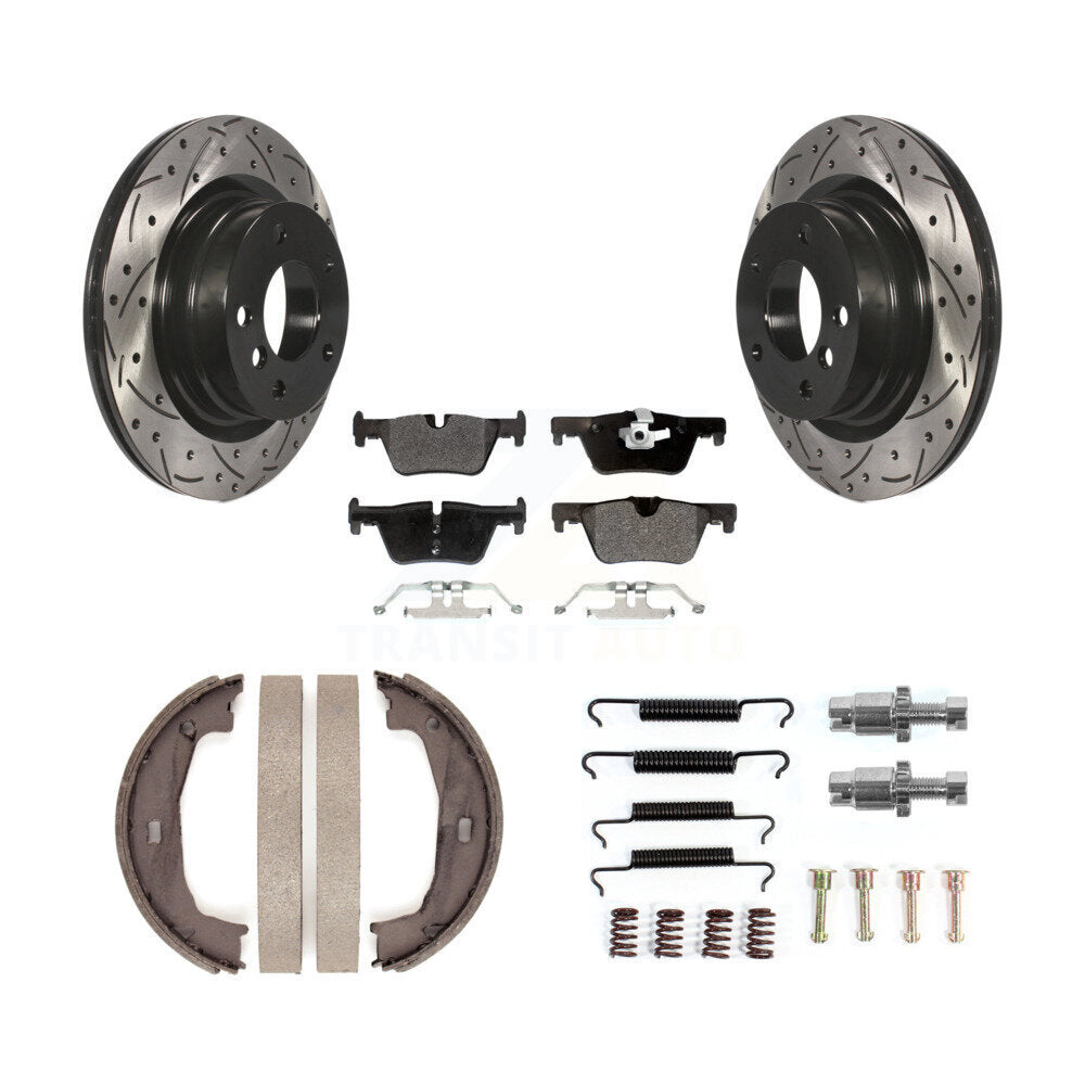 Rear Coated Drill Slot Disc Rotors Semi-Metallic Pad Parking Brake Shoes Kit For BMW 328i KDF-101642