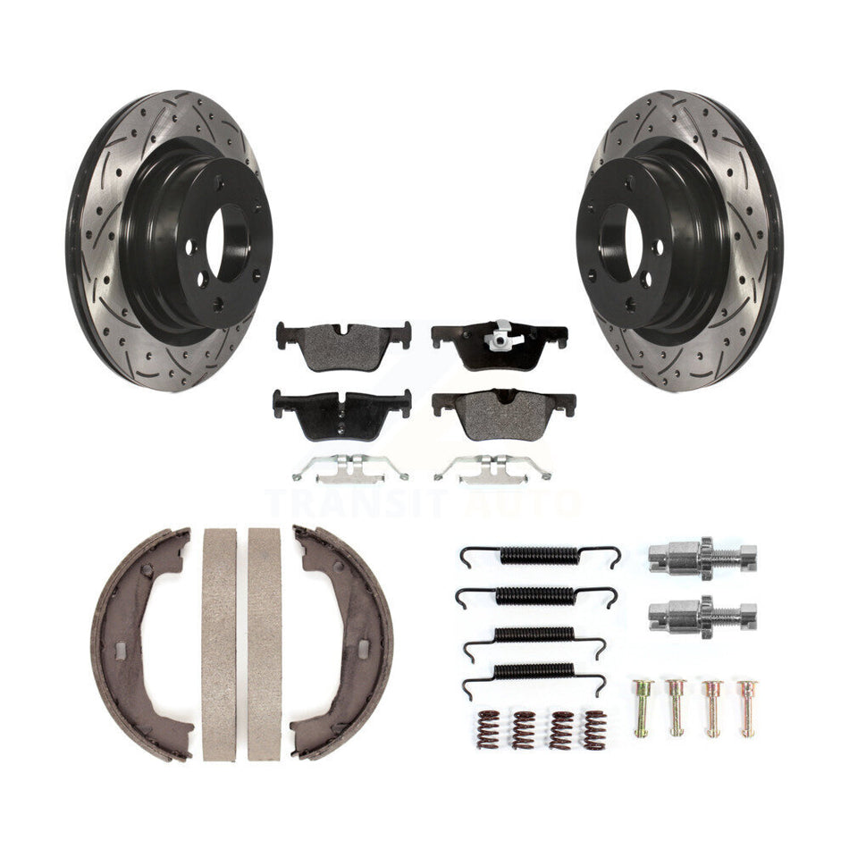 Rear Coated Drill Slot Disc Rotors Semi-Metallic Pad Parking Brake Shoes Kit For BMW 328i KDF-101642