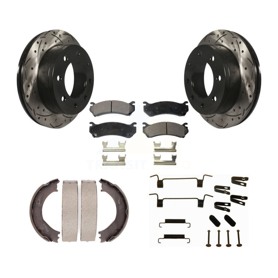 Rear Drill Slot Rotor Semi-Metallic Pad Parking Shoes Kit For Chevrolet Silverado 2500 HD KDF-101647