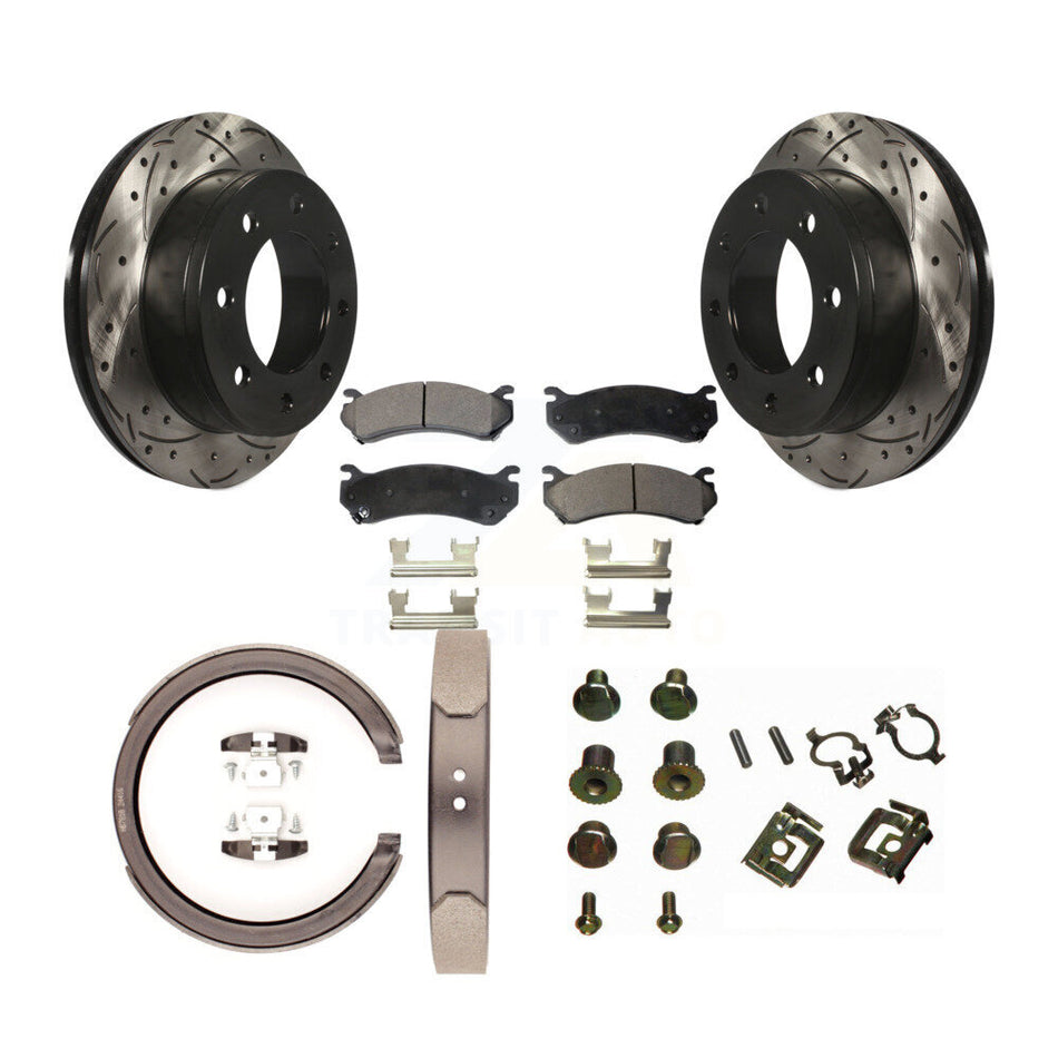 Rear Drilled Slot Rotor Semi-Metallic Pad & Parking Shoes Kit For GMC Sierra 1500 HD 2500 KDF-101651