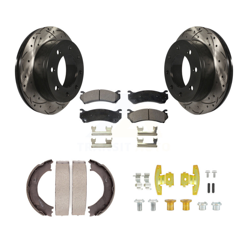 Rear Drill Slot Rotors Semi-Metallic Pad Parking Shoes Kit For Chevrolet GMC Silverado HD KDF-101654