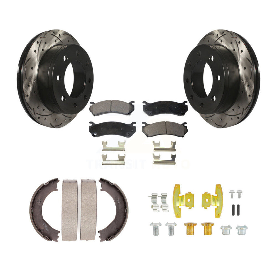 Rear Drill Slot Rotors Semi-Metallic Pad Parking Shoes Kit For Chevrolet GMC Silverado HD KDF-101654
