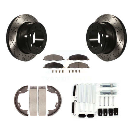 Rear Drill Slot Rotors Semi-Metallic Pad Parking Shoes Kit For Ram 1500 With 8 Lug Wheels KDF-101660