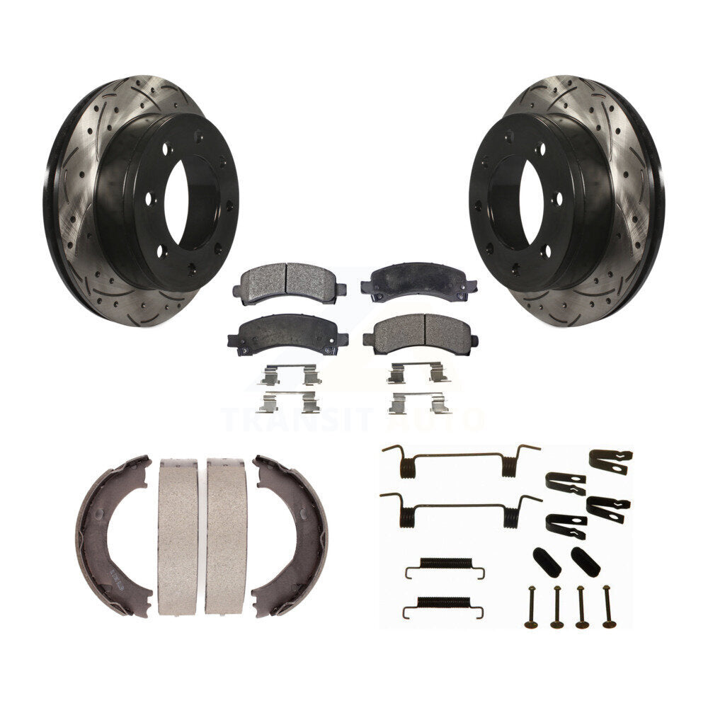 Rear Drill Slot Rotors Semi-Metallic Pad Parking Shoes Kit For Chevrolet Express 2500 GMC KDF-101663