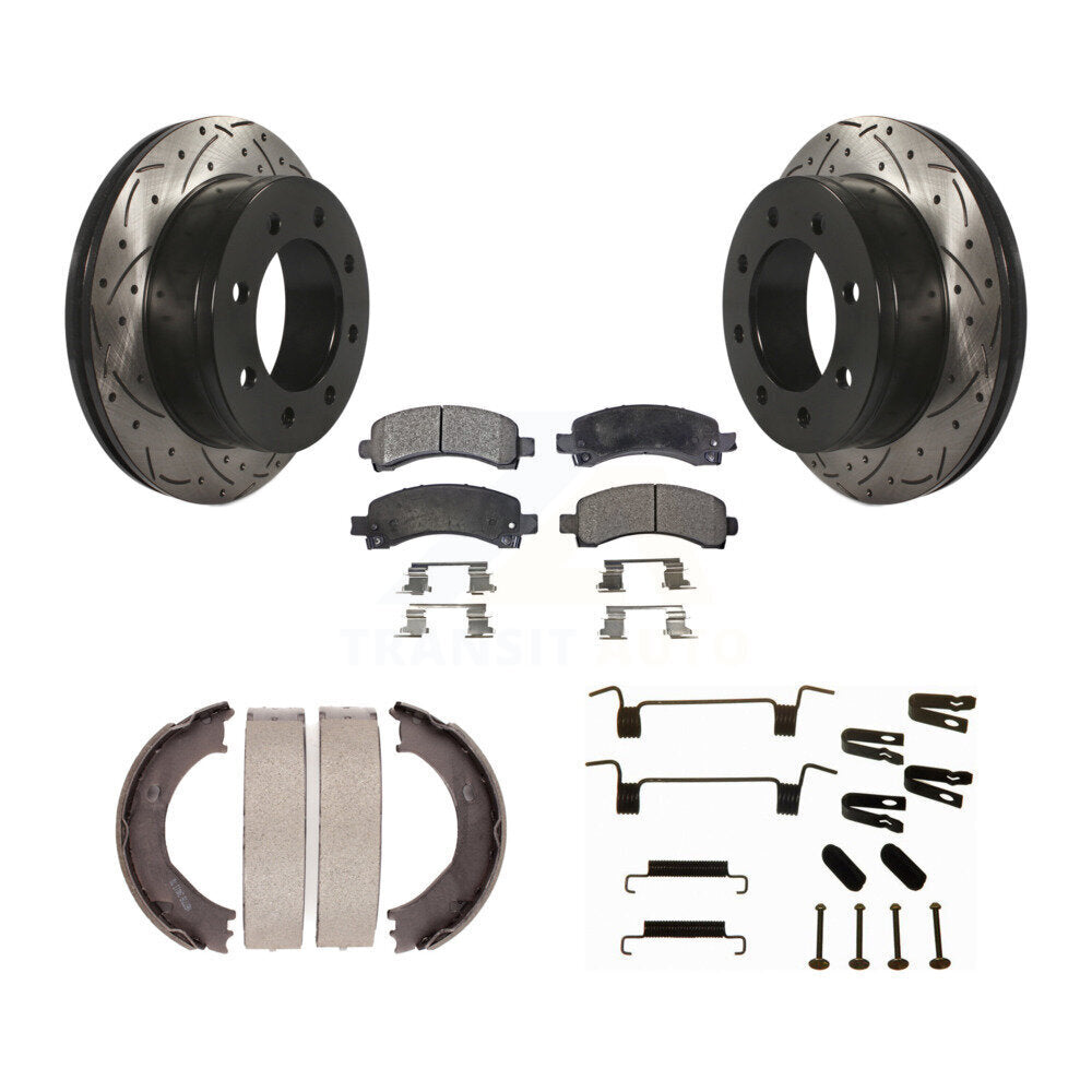 Rear Drill Slot Rotors Semi-Metallic Pad Parking Shoes Kit For Chevrolet GMC Express 3500 KDF-101664