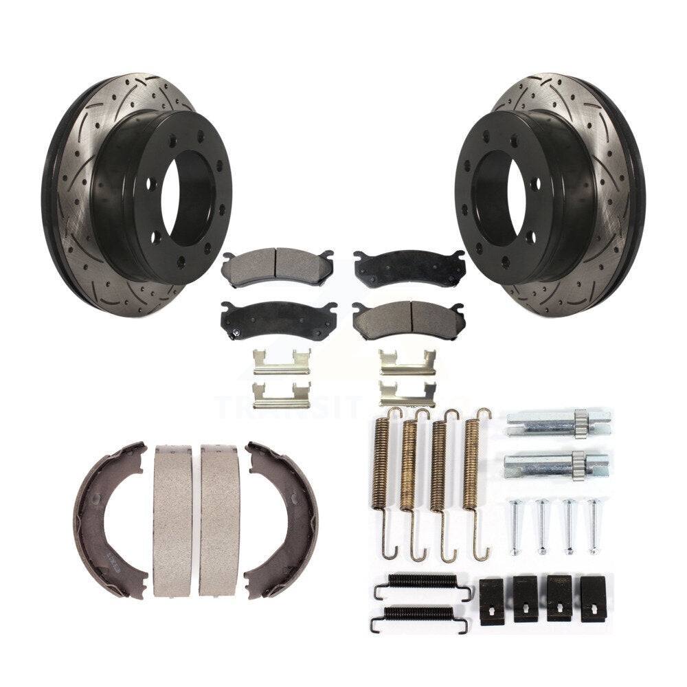 Rear Drilled Slot Rotor Semi-Metallic Pad Parking Shoes Kit For GMC Sierra 3500 Chevrolet KDF-101665