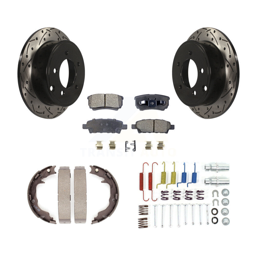 Rear Coat Drill Slot Disc Rotor Semi-Metallic Pad Parking Shoes Kit For Mitsubishi Lancer KDF-101672