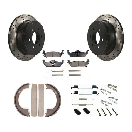 Rear Drill Slot Rotors Semi-Metallic Pad Parking Shoes Kit For Ford F-150 Lincoln Mark LT KDF-101675