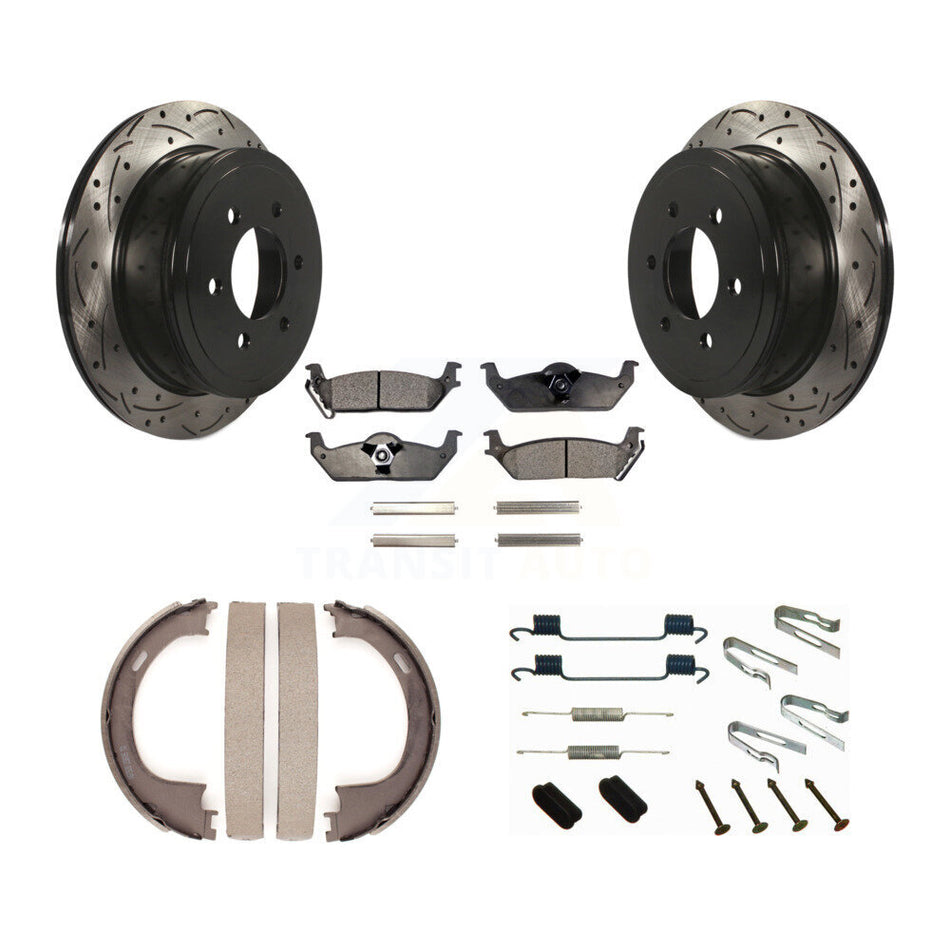 Rear Drill Slot Rotors Semi-Metallic Pad Parking Shoes Kit For Ford F-150 Lincoln Mark LT KDF-101675