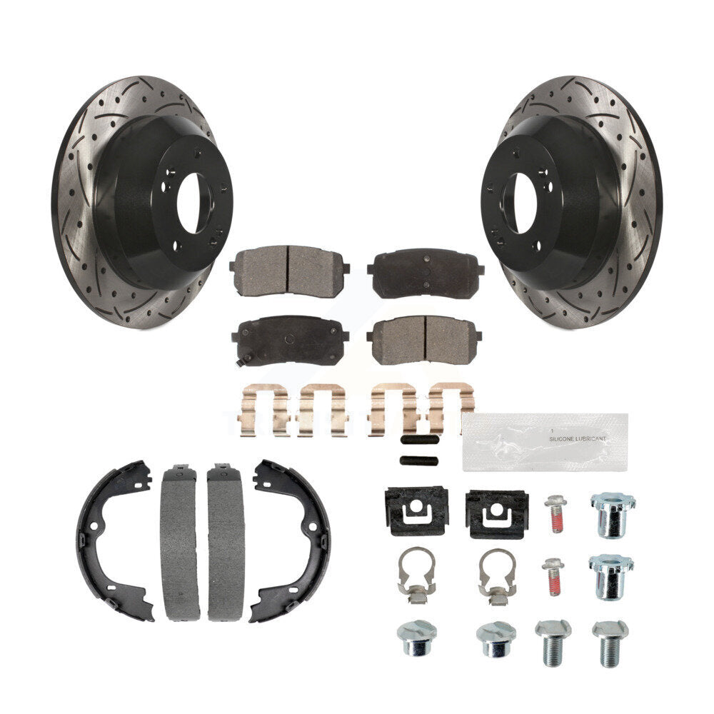 Rear Coated Drilled Slotted Disc Rotor Semi-Metallic Pad Parking Shoes Kit For Kia Sedona KDF-101688