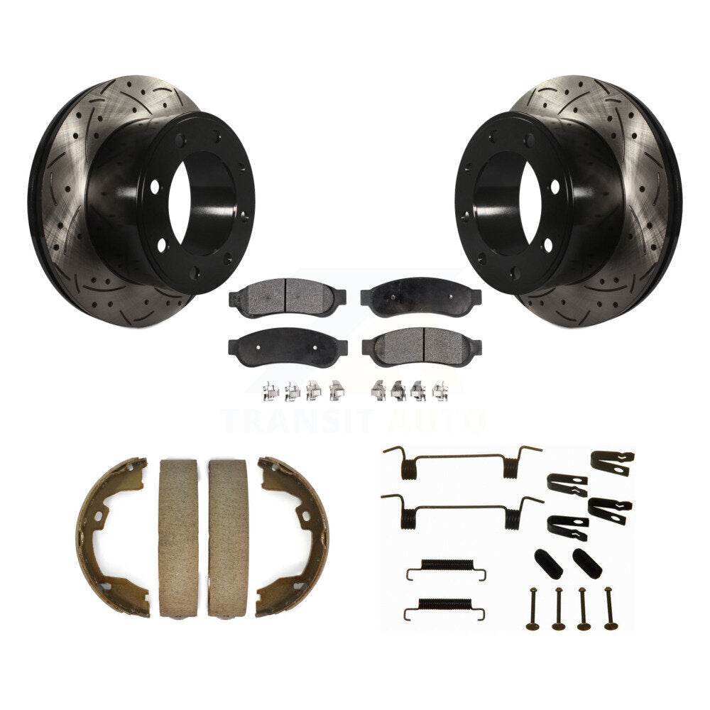 Rear Drill Slot Rotor Semi-Metallic Pad Parking Shoes Kit For Ford F-350 Super Duty F-250 KDF-101694