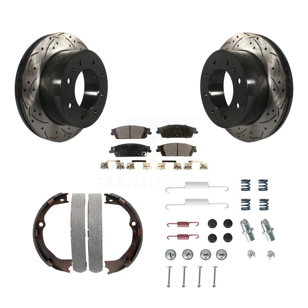 Rear Drilled Slot Disc Rotor Semi-Metallic Pad & Parking Shoes Kit For Chevrolet Suburban KDF-101699