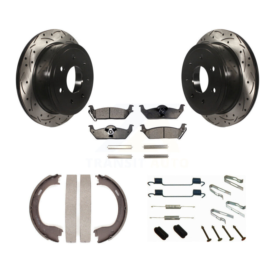 Rear Coated Drilled Slotted Disc Rotor Semi-Metallic Pad Parking Shoes Kit For Ford F-150 KDF-101703