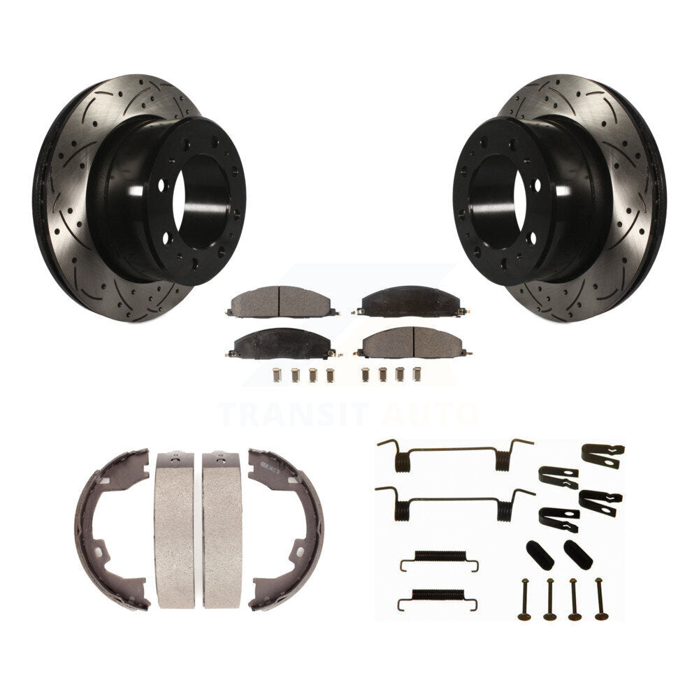 Rear Drilled Slot Disc Rotors Semi-Metallic Pad Parking Shoes Kit For Ram 3500 2500 Dodge KDF-101720