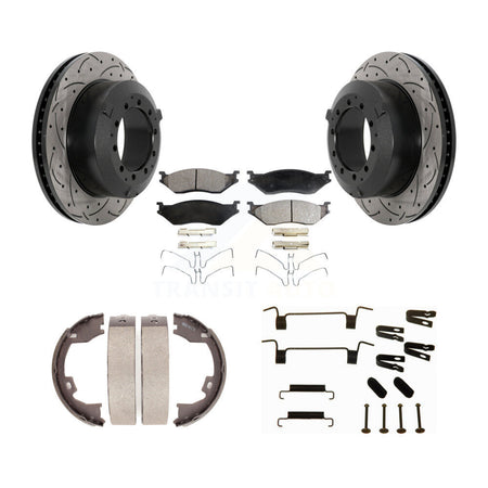 Rear Drill Slot Rotor Semi-Metallic Pad Parking Shoes Kit For Ford F-450 Super Duty IC AC KDF-101722