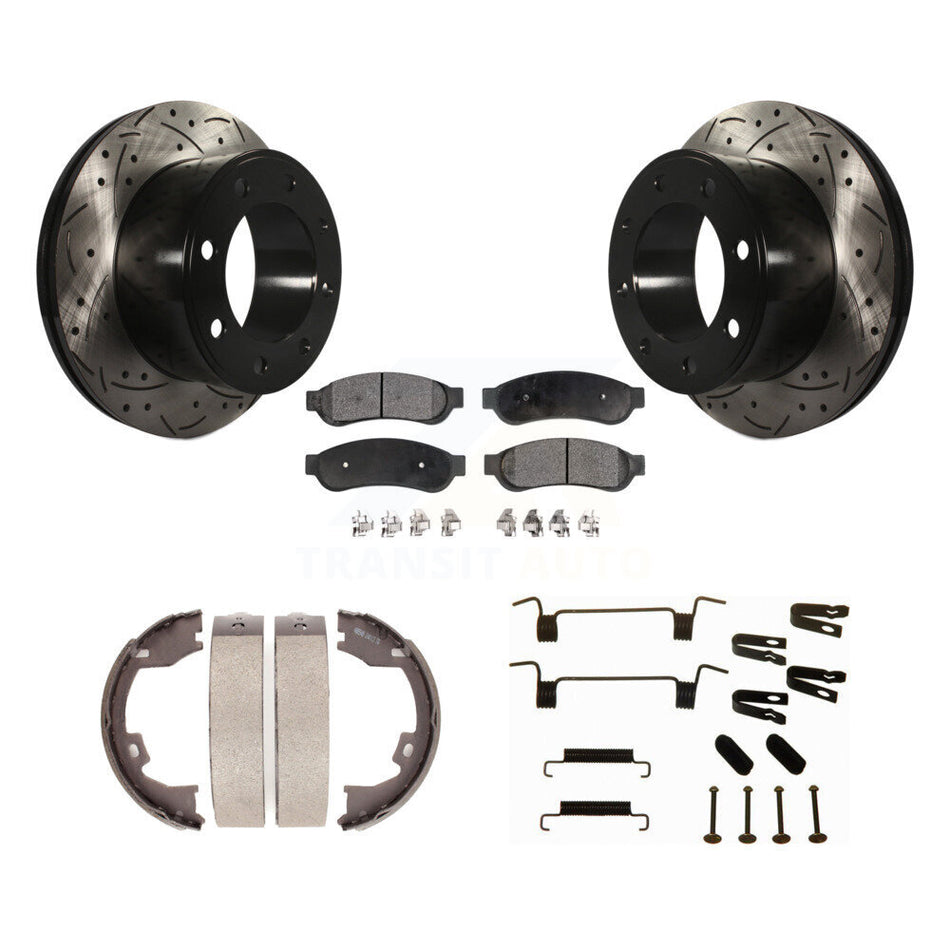 Rear Drill Slot Rotor Semi-Metallic Pad Parking Shoes Kit For Ford F-250 Super Duty F-350 KDF-101725