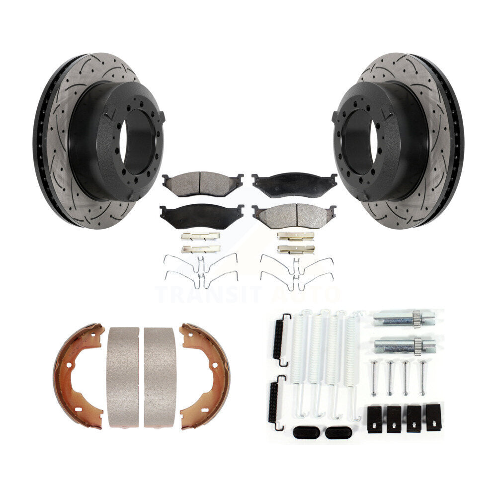 Rear Drill Slot Disc Rotors Semi-Metallic Pad Parking Shoes Kit For Ford F-450 Super Duty KDF-101727