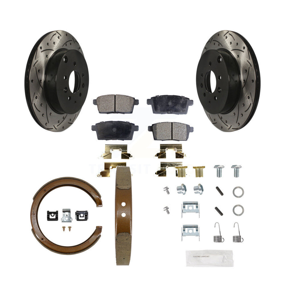 Rear Drilled Slot Disc Rotor Semi-Metallic Pad Parking Shoes Kit For 2007-2012 Mazda CX-9 KDF-101740