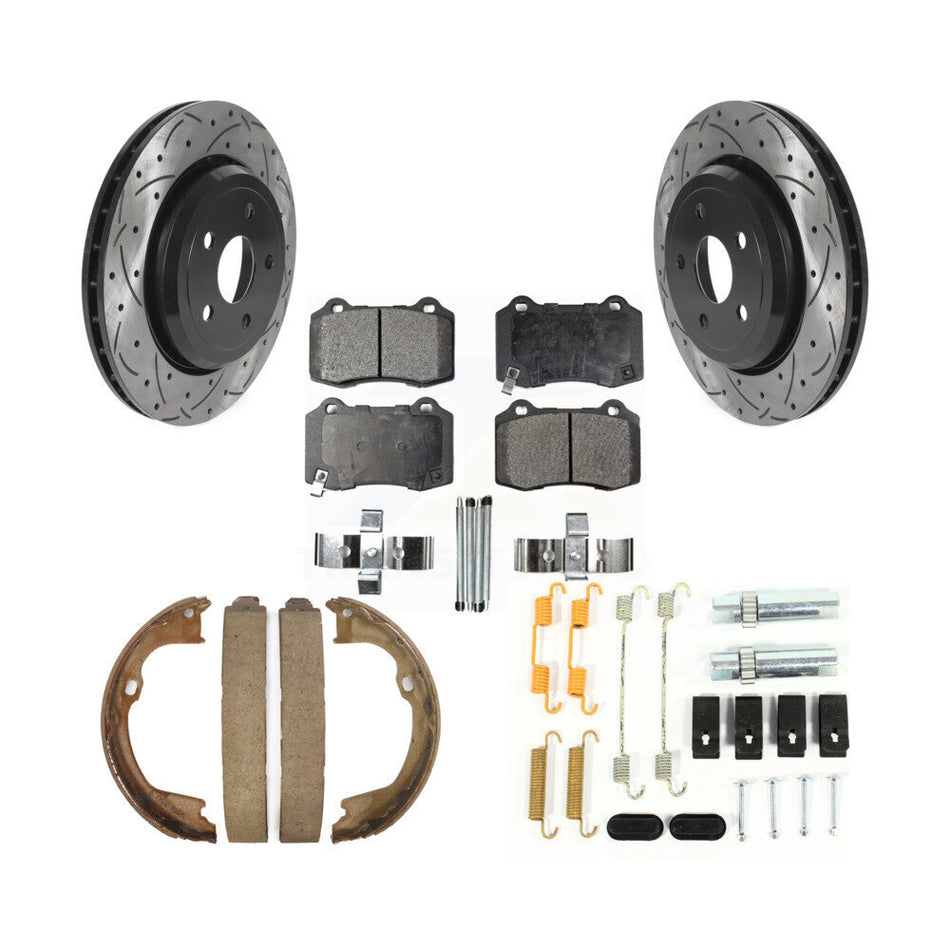 Rear Drilled Slot Rotor Semi-Metallic Pad Parking Shoes Kit For Jeep Grand Cherokee Dodge KDF-101751