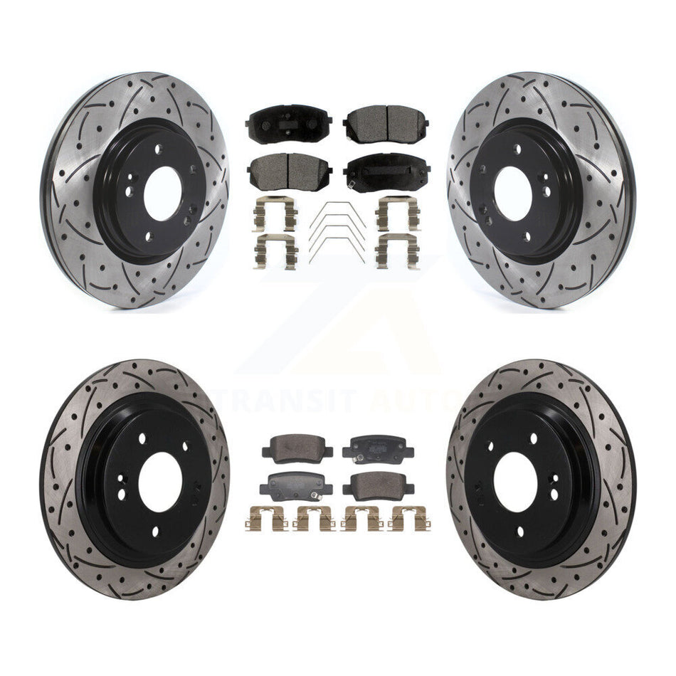 Front Rear Coated Drilled Slotted Disc Brake Rotor & Semi-Metallic Pad Kit For Kia Seltos KDF-101791