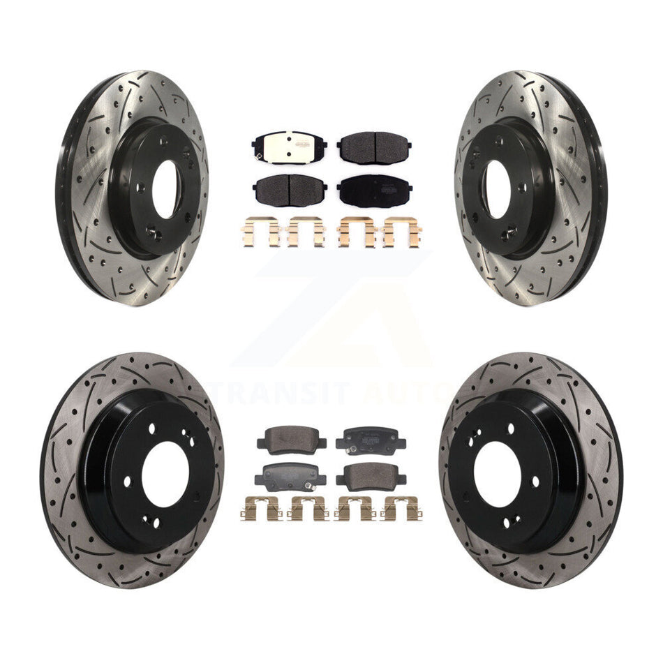 Front Rear Coated Drilled Slotted Disc Brake Rotor & Semi-Metallic Pad Kit For Kia Seltos KDF-101792