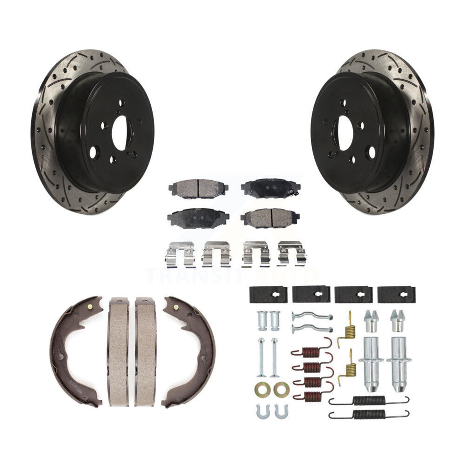 Rear Coated Drill Slot Disc Rotors Semi-Metallic Pad Parking Shoes Kit For Subaru Impreza KDF-102023